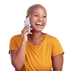 Phone call, smile and black woman laughing at funny communication, joke or conversation....