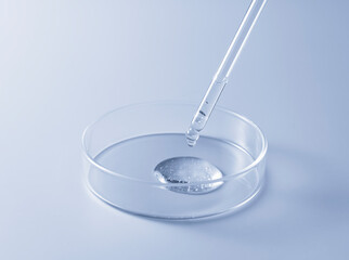 Petri dish and dropper on blue background. Dripping gel..