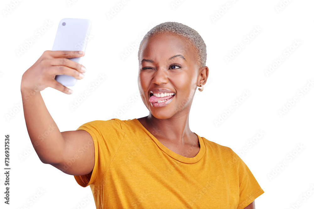 Canvas Prints Social media, selfie and funny face of black woman in isolated background, transparent and technology. Girl, happy and phone for photography for post in app with internet for profile picture