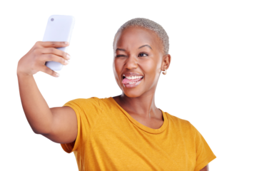 Social media, selfie and funny face of black woman in isolated background, transparent and technology. Girl, happy and phone for photography for post in app with internet for profile picture