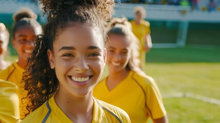 happy young female football/soccer player with her team wearing yellow dresses