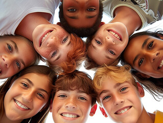 gruppo di bambini  raccolti in cerchio come una squadra di football, visti da sotto, diverse etnie,  generazione z