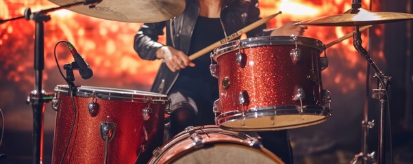 Obraz premium Drummer's passion, electrifying lights.