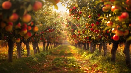 A tranquil orchard bathed in the golden light of autumn, with fruit-laden trees stretching as far...