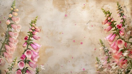 vintage background adorned with beautiful pink foxglove flowers on both sides, creating a natural frame