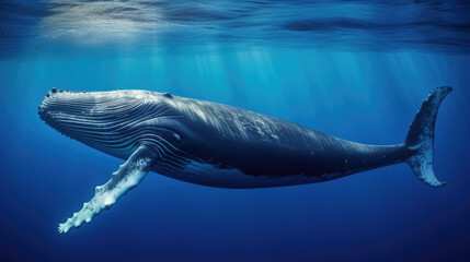 Obraz premium Magnificent Humpback whale swimming in clear blue water