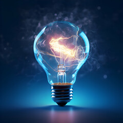 Glowing electric light bulb on dark blue background. 3D rendering