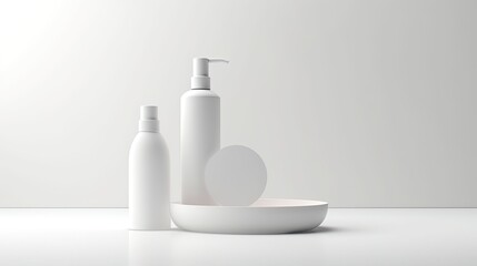 Fototapeta na wymiar White blank model of serum and lotion, C4D render, on white platform, white blank background