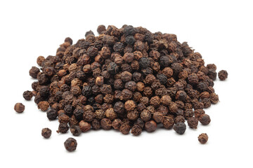 Close-up of Dry Organic Black pepper (Piper nigrum), isolated on a white background. Front view