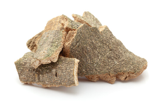 Close-up of Dry Organic Vauna Barks (Crataeva nurvala), isolated on a white background. Front view