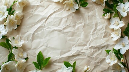 Delicate white flowers rest on a crumpled brown paper background