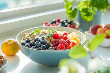 healthy breakfast bowl with muesli and berries