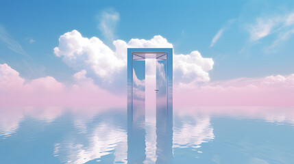 door that opens into bright water, in the style of futuristic psychedelia, chrome-plated, ethereal cloudscapes, minimalist objects, confessional, soft mist, glass as material