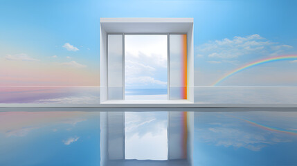rainbow in cloudy room, in the style of confessional, hyper-realistic water, minimalistic metal sculptures, light sky-blue, sparkling water reflections, open form, contemporary landscape