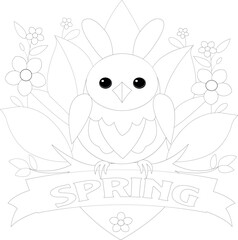 Spring Coloring Page with flower and bird