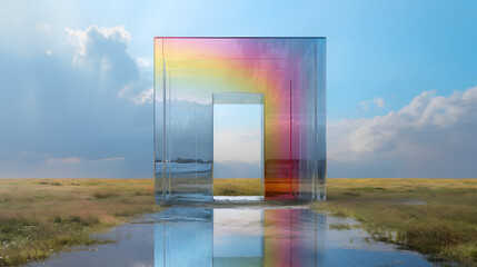 rainbow entrance in a field with sky, in the style of hyper-realistic water, mirror rooms, light sky-blue and dark silver, confessional, contemporary metallurgy, stylish