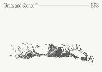 Hand drawn vector illustration of grass and rocks on blank backdrop. Isolated sketch.