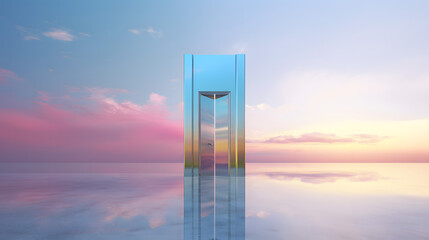 a rainbow door with a rainbow behind him, in the style of contemporary metallurgy, translucent water, photo-realistic compositions, light silver and sky-blue, confessional, modern design, open form