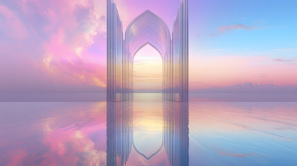 rainbow sky, in the style of confessional, futuristic design, translucent water, light silver, photorealistic surrealism, minimalistic design, realistic scenery