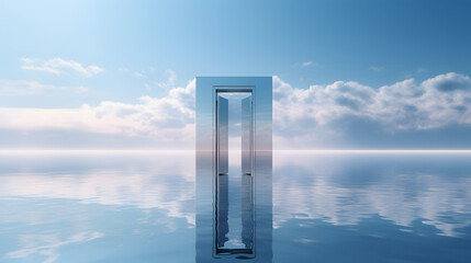 sky color transparent door, in the style of futuristic surrealism, sparkling water reflections, ambient sculptures, matte background, confessional, unreal engine, chrome-plated