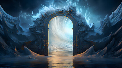 the door has an iridescent surface, in the style of surreal 3d landscapes, luminosity of water