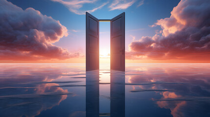 the door is transparent, in the style of futuristic surrealism, luminosity of water, ethereal cloudscapes, chrome-plated, colorful surrealism, confessional