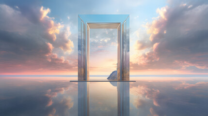 the door is transparent, in the style of futuristic surrealism, luminosity of water, atmospheric clouds, chrome-plated, colorful neo-romanticism, confessional