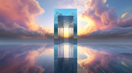 rainbow with clouds over it, in the style of confessional, made of liquid metal, hyper-realistic water, spatiality, mirror rooms, light blue