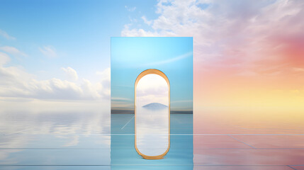 the rainbow behind the door, in the style of futuristic surrealism, translucent water, minimalistic metal sculptures, sky-blue, confessional, sparkling water reflections