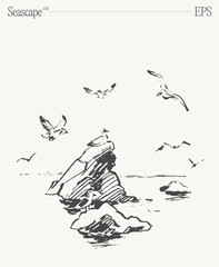 Seascape with rocks and flying seagulls. Hand drawn vector illustration, sketch.