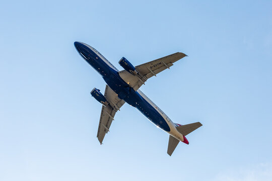 Zakynthos, Greece,  June 18st, 2022. Airbus of British Airways Airlines flies in the blue sky. Takeoff at Zante Airport.