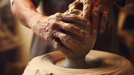 Fotobehang Close-up of an artisan potter's hands shaping clay into a unique vase on a potter's wheel © Jasmina
