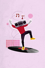 Vertical creative template photo collage concept of headless man with boombox listen music party on...