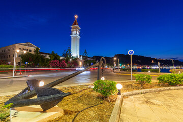 Zakynthos town night scene with light illumination. - 736941970