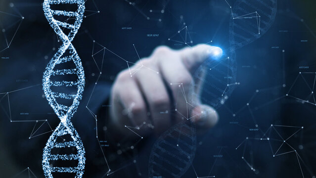 Scientist is typing on hologram screen with dna chain background.