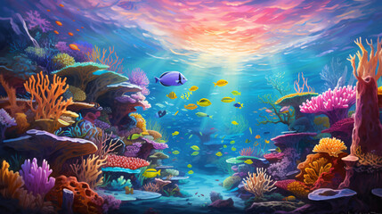 Fototapeta na wymiar A colorful coral reef with many different types
