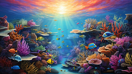 Fototapeta na wymiar A colorful coral reef with many different types
