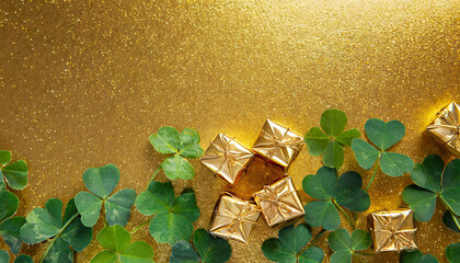 Clover leaves with golden gift boxes on gold background. St. Patrick's Day concept.