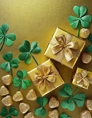 Clover leaves with golden gift boxes on gold background. St. Patrick's Day concept.