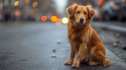homeless tramp dog sitting hungry on the street alone without owners - obrazy, fototapety, plakaty