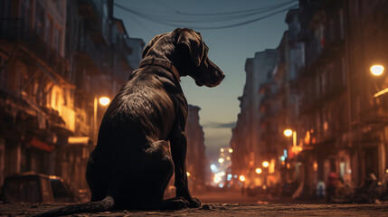 homeless tramp dog sitting hungry on the street alone without owners - obrazy, fototapety, plakaty