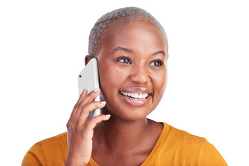 Happy black woman, phone call and communication with network and connectivity isolated on png...