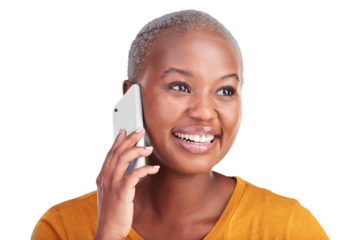 Happy black woman, phone call and communication with network and connectivity isolated on png transparent background. Smartphone, conversation or chat with smile, connection and contact for talk