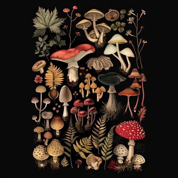 collection of mushrooms and ferns on a black background. The mushrooms are all different shapes and sizes