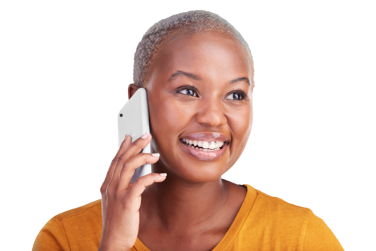 Happy black woman, phone call and communication with network and connectivity isolated on png transparent background. Smartphone, conversation or chat with smile, connection and contact for talk