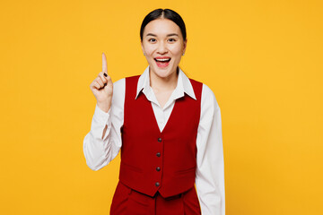 Young corporate lawyer employee business woman of Asian ethnicity wear formal red vest shirt work...