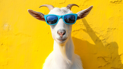 Little white baby goat with sunglasses, isolated on yellow color background
