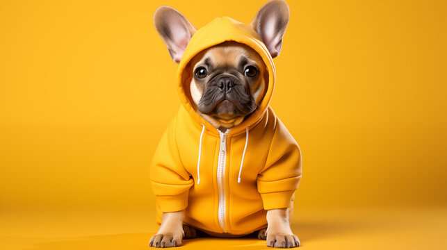 Cool cute french bulldog dog pet wearing a jogging suit with rabbit bunny ears, isolated on yellow background