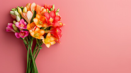 Vibrant Bouquet of Freesia Flowers on a Soft Pink Background