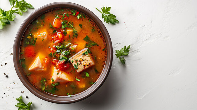 Fresh fish soup in bowl on white background, top view